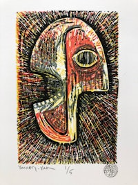 a drawing of a mask on a red background